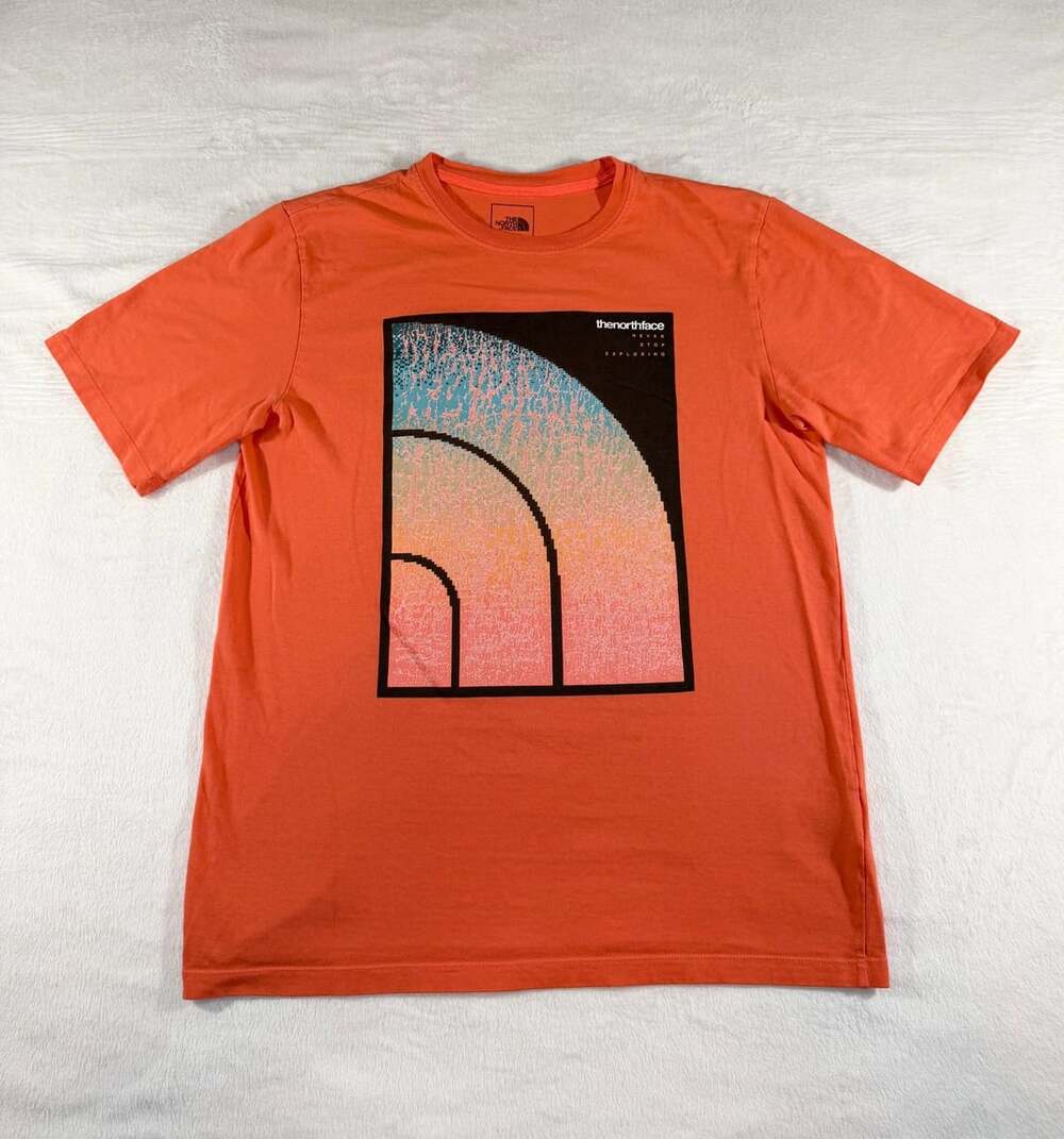 The North Face Pixel Logo Graphic T-Shirt Size M Orange Never Stop Exploring